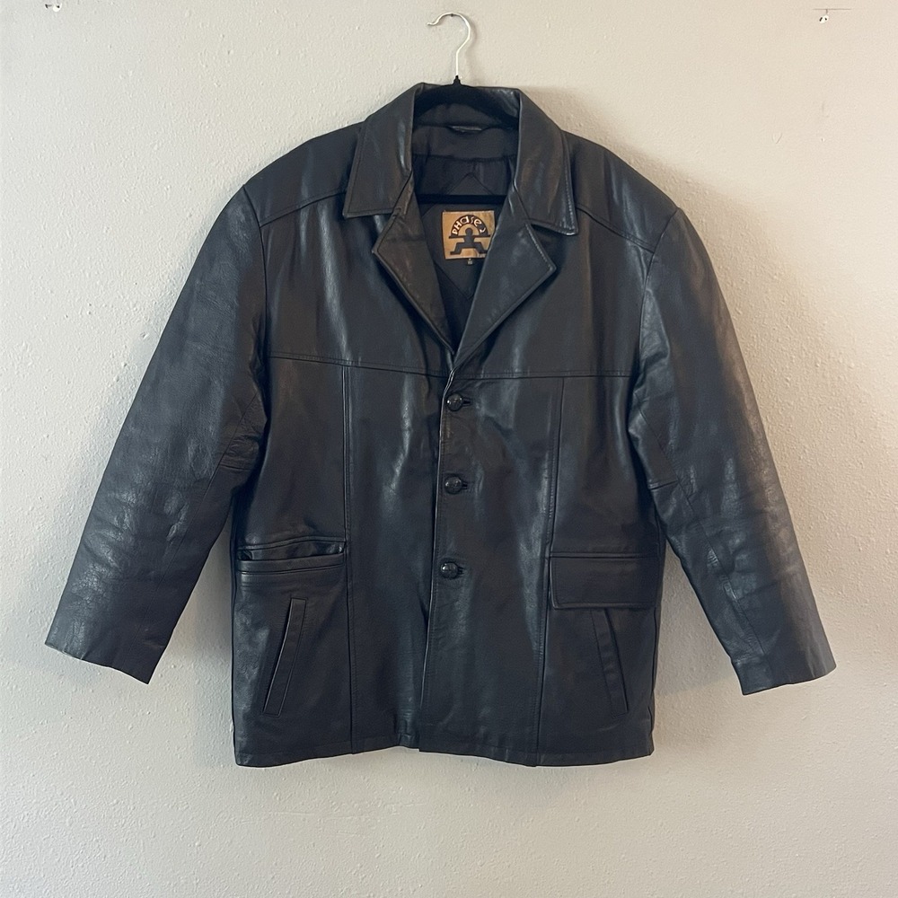 Phase 2 Mens M Black Genuine Leather Blazer Jacket Y2K 2000s Button Front